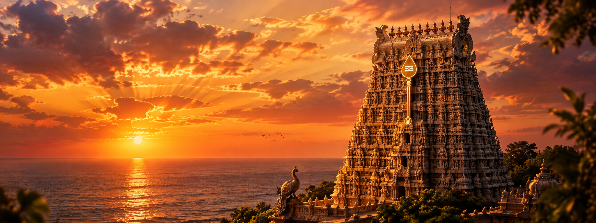 Élévation architecturale du Temple Murugan au coucher du soleil à Lieusaint, son gopuram dravidien monumental, le Vel doré et le paon sacré Mayil